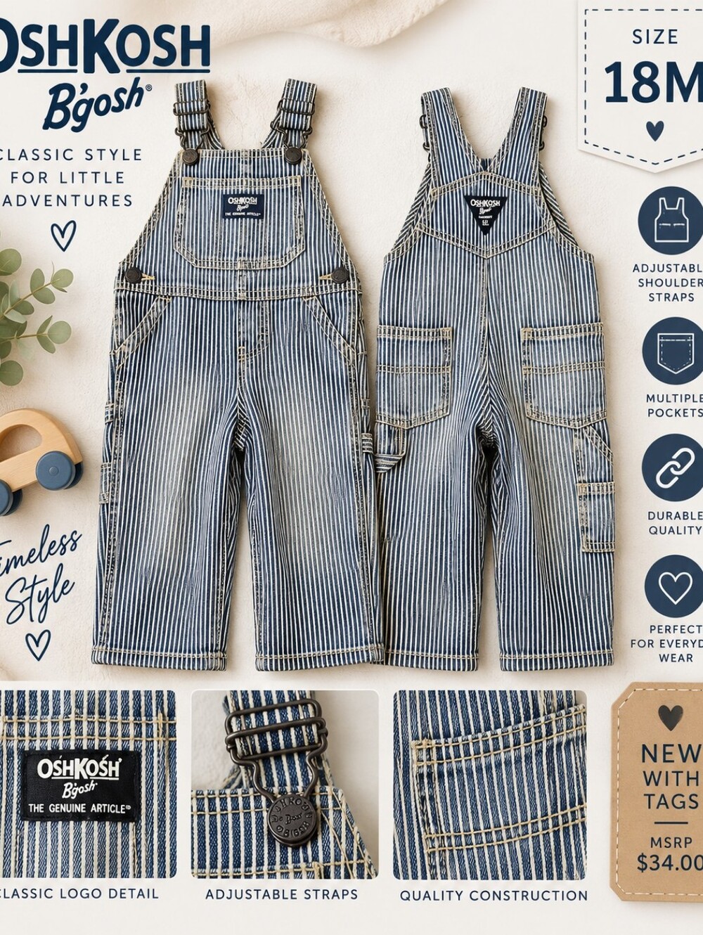OshKosh B'gosh Kids' Blue Stripe Overalls Size 18M NWT